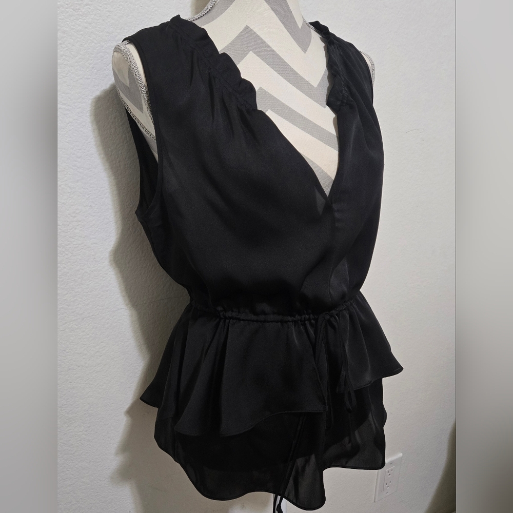CYNTHIA STEFFE Hanna Black Ruffle Blouse Drawstring Waist Sleeveless Size Medium - Picture 4 of 14